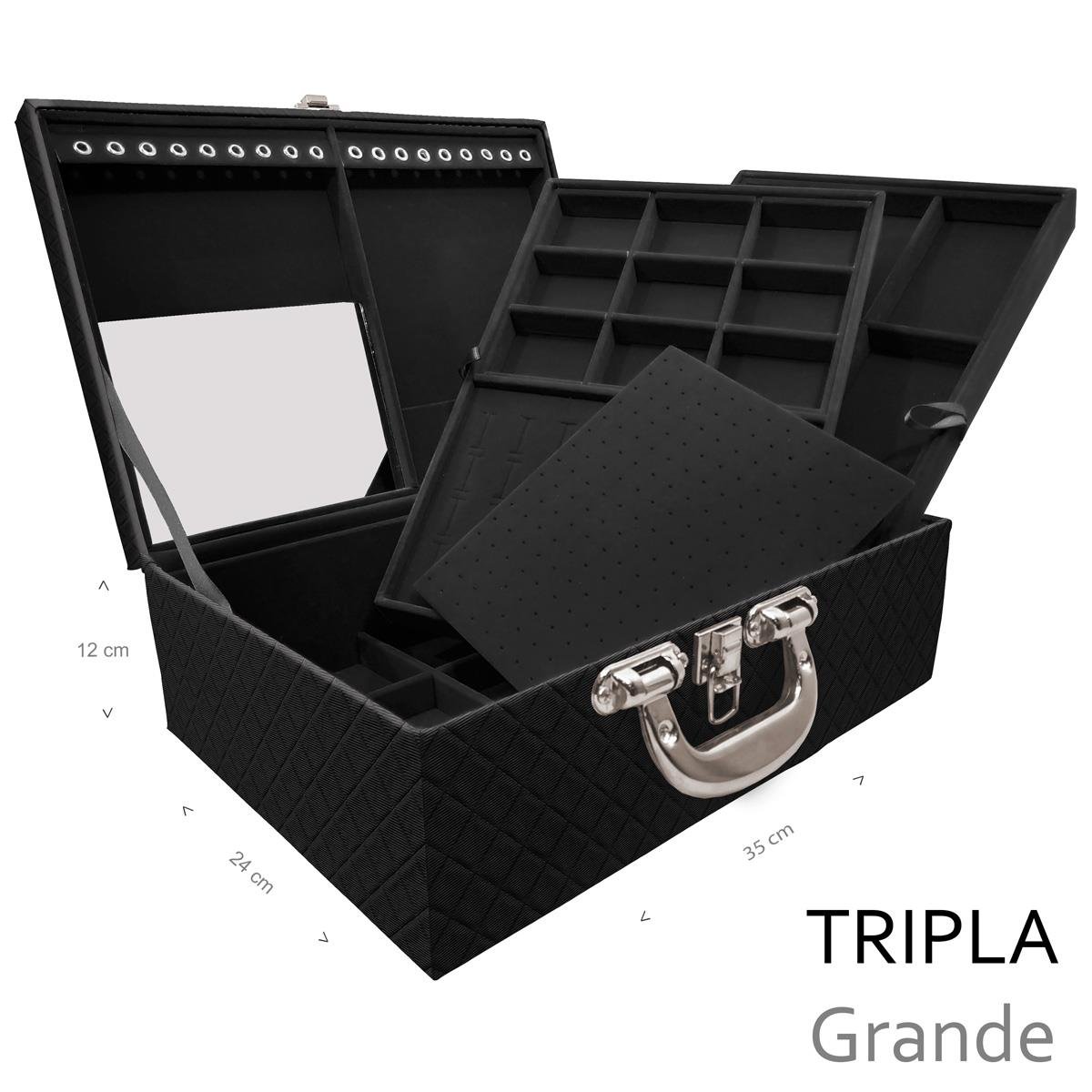 Estojo Maleta Porta Jóias Triplo Grande Dijon Preto Com Alça Cromada e Espelho - Sob Encomenda