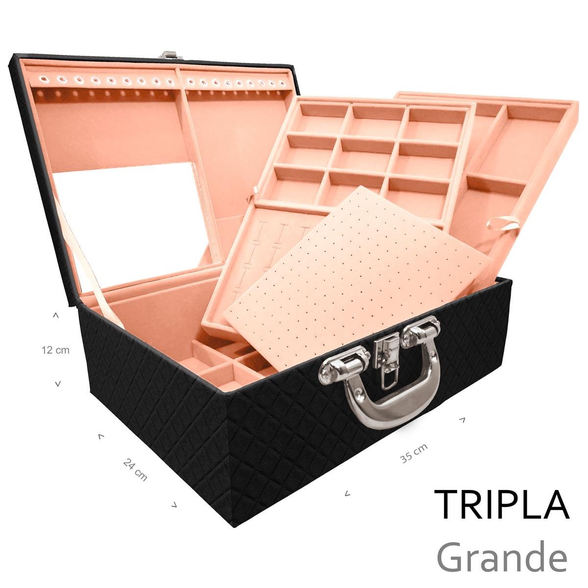 Estojo Maleta Porta Jóias Triplo Grande Dijon Preto Com Alça Cromada e Espelho - Sob Encomenda