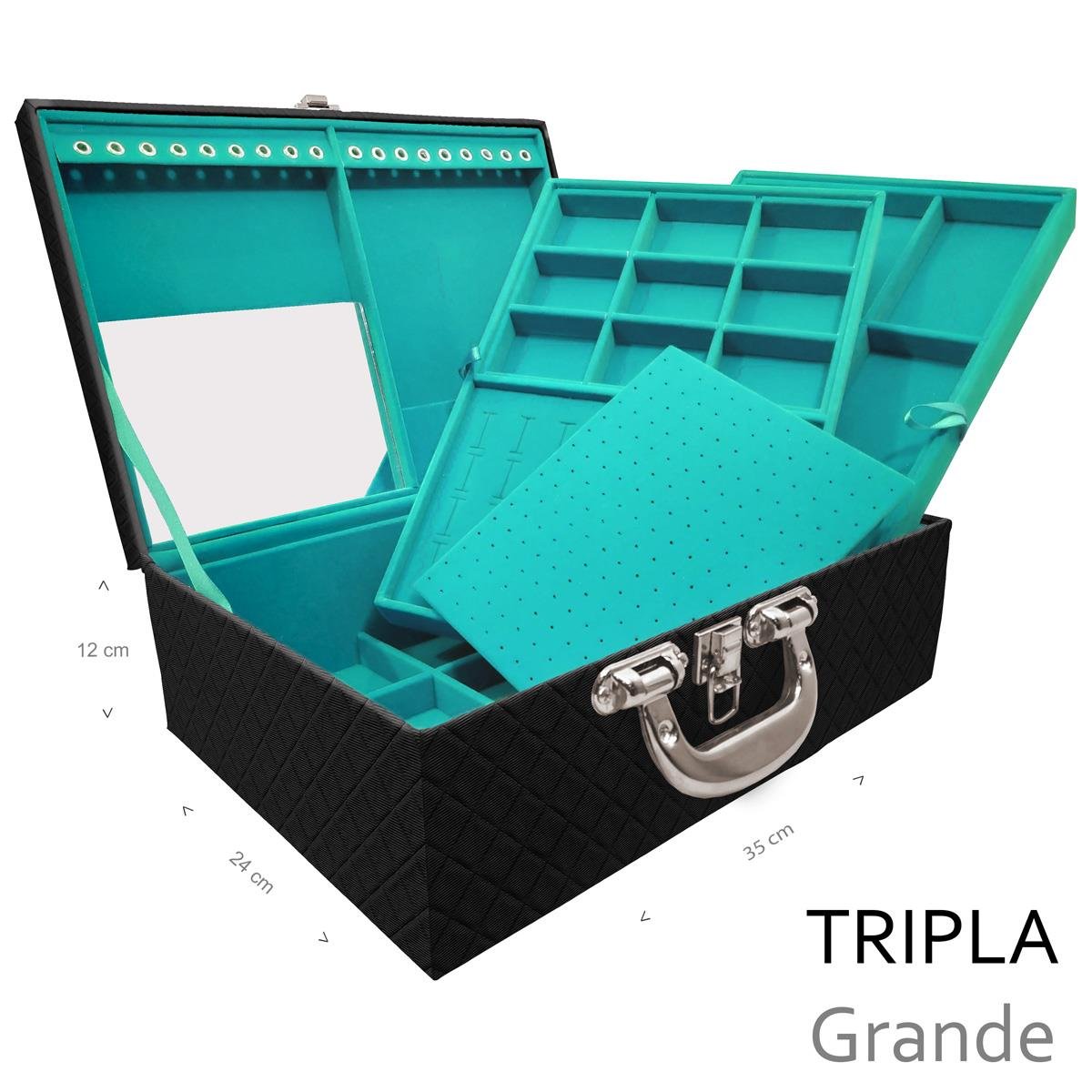 Estojo Maleta Porta Jóias Triplo Grande Dijon Preto Com Alça Cromada e Espelho - Sob Encomenda