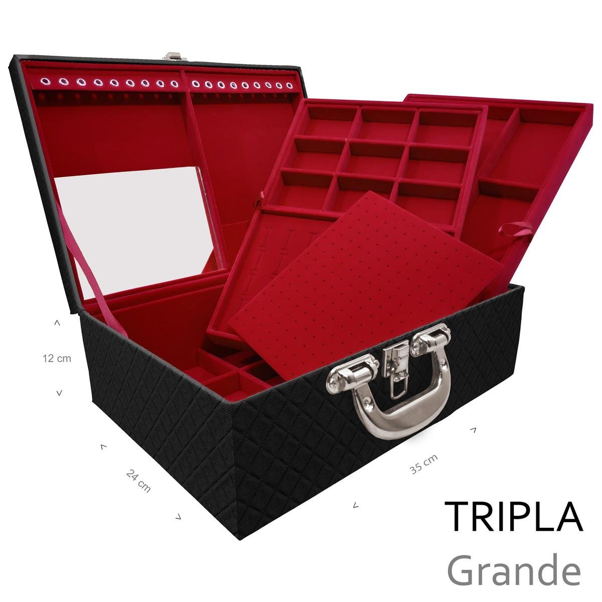 Estojo Maleta Porta Jóias Triplo Grande Dijon Preto Com Alça Cromada e Espelho - Sob Encomenda