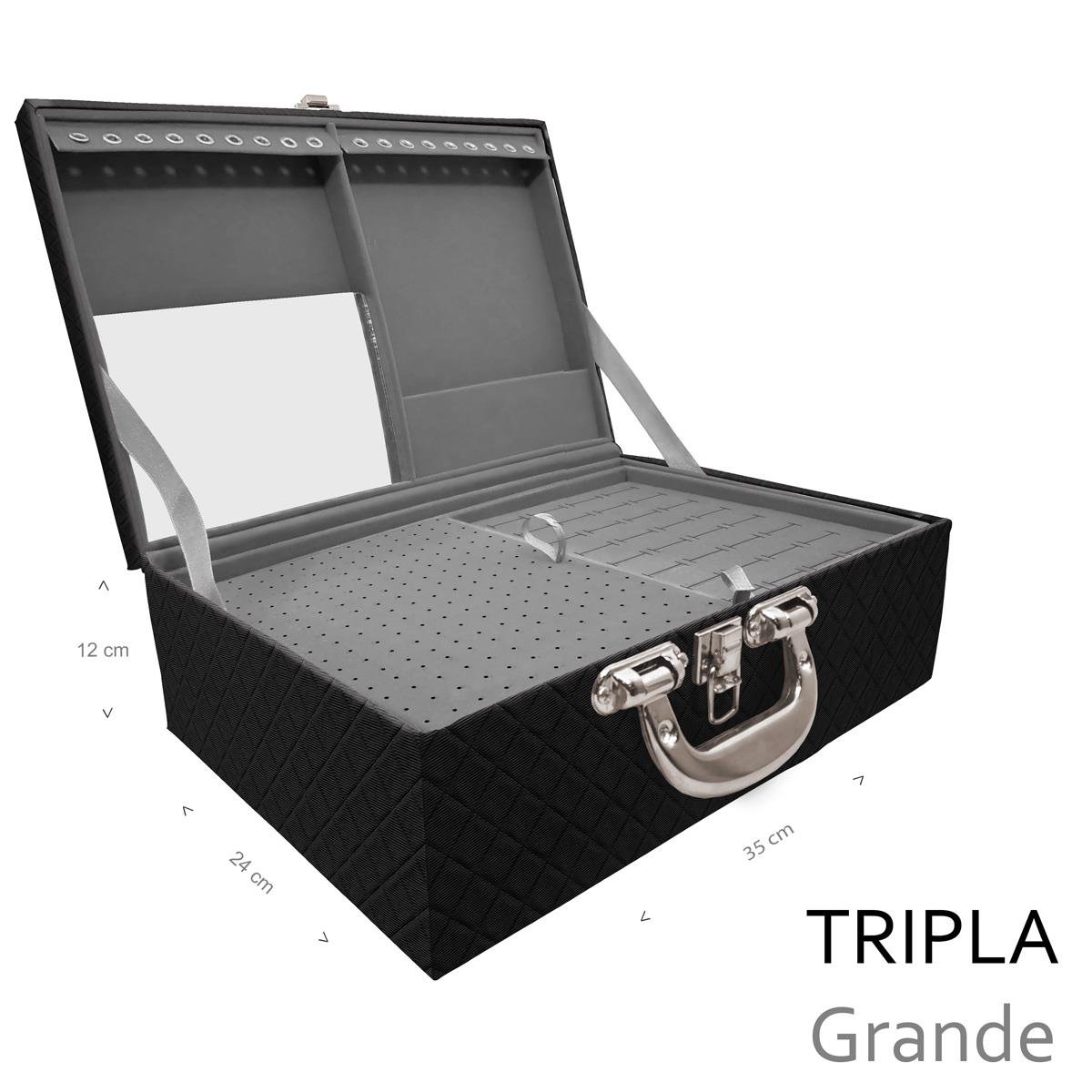 Estojo Maleta Porta Jóias Triplo Grande Dijon Preto Com Alça Cromada e Espelho - Sob Encomenda