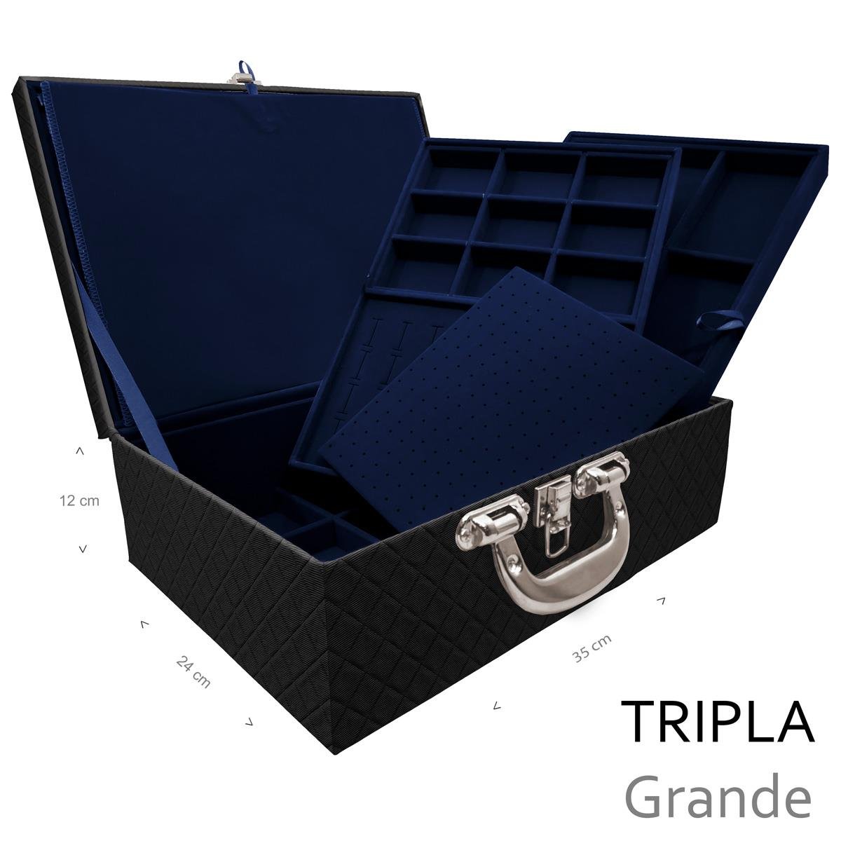 Estojo Maleta Porta Jóias Triplo Grande Dijon Preto Com Alça Cromada e Imã - Sob Encomenda