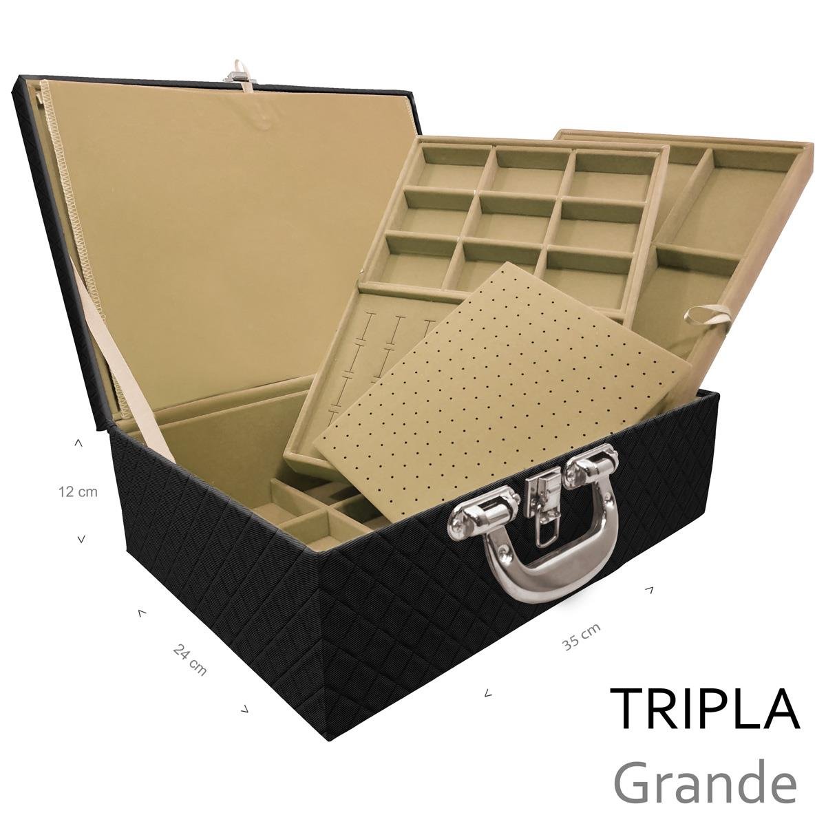 Estojo Maleta Porta Jóias Triplo Grande Dijon Preto Com Alça Cromada e Imã - Sob Encomenda