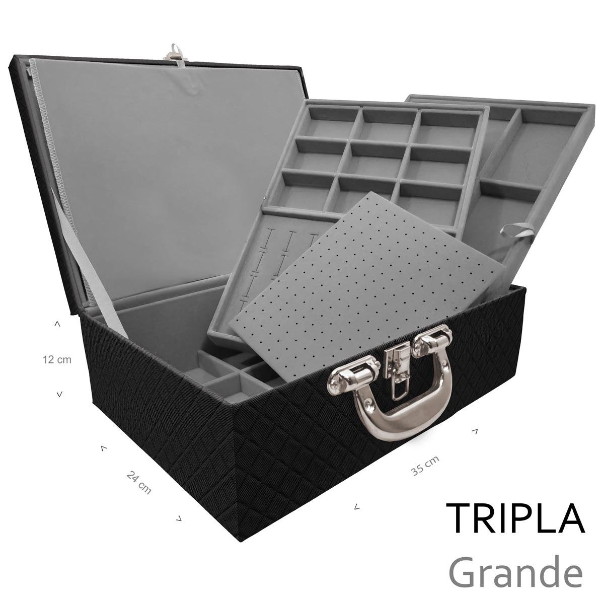 Estojo Maleta Porta Jóias Triplo Grande Dijon Preto Com Alça Cromada e Imã - Sob Encomenda