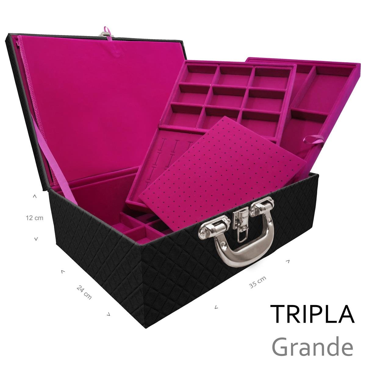 Estojo Maleta Porta Jóias Triplo Grande Dijon Preto Com Alça Cromada e Imã - Sob Encomenda