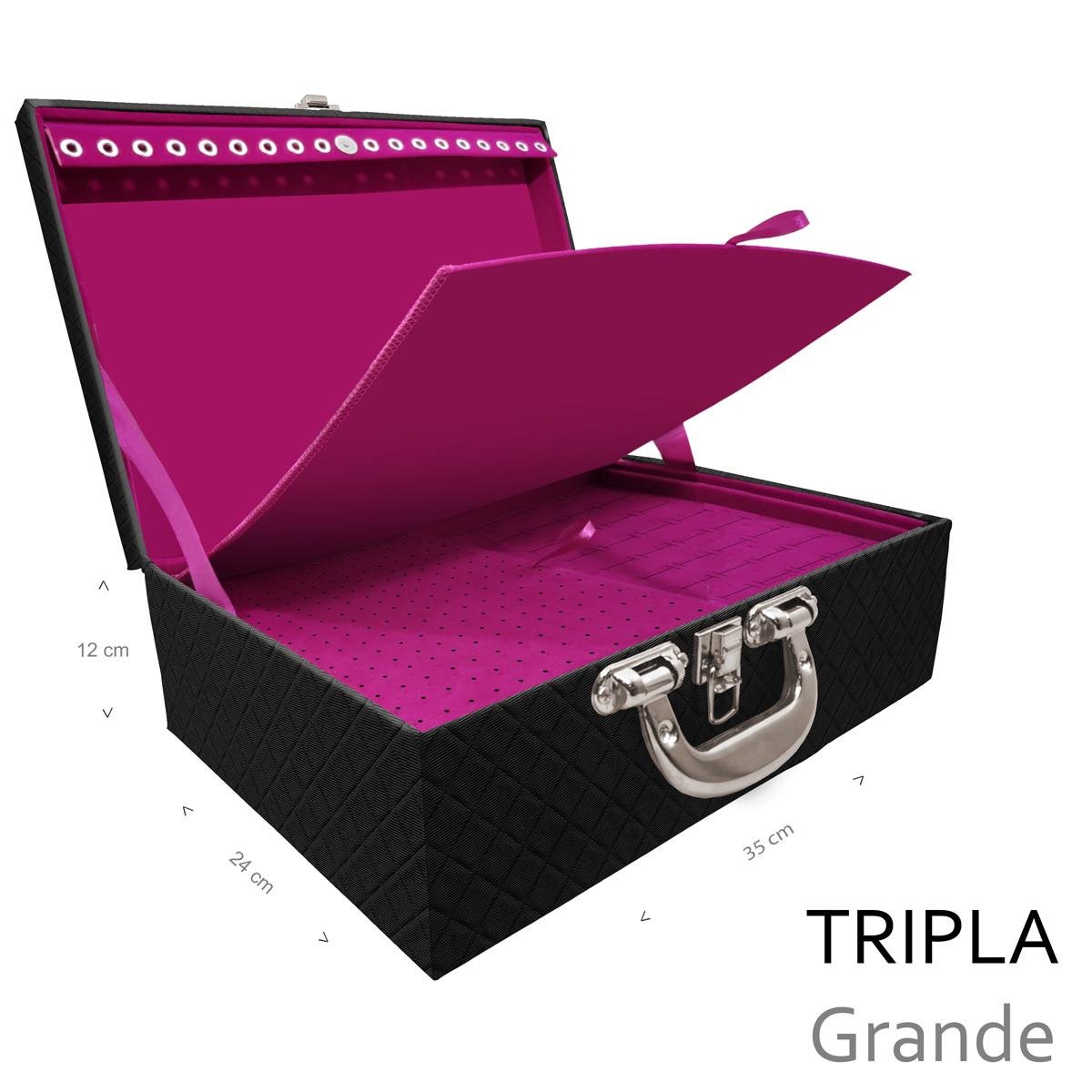 Estojo Maleta Porta Jóias Triplo Grande Dijon Preto Com Alça Cromada e Imã - Sob Encomenda