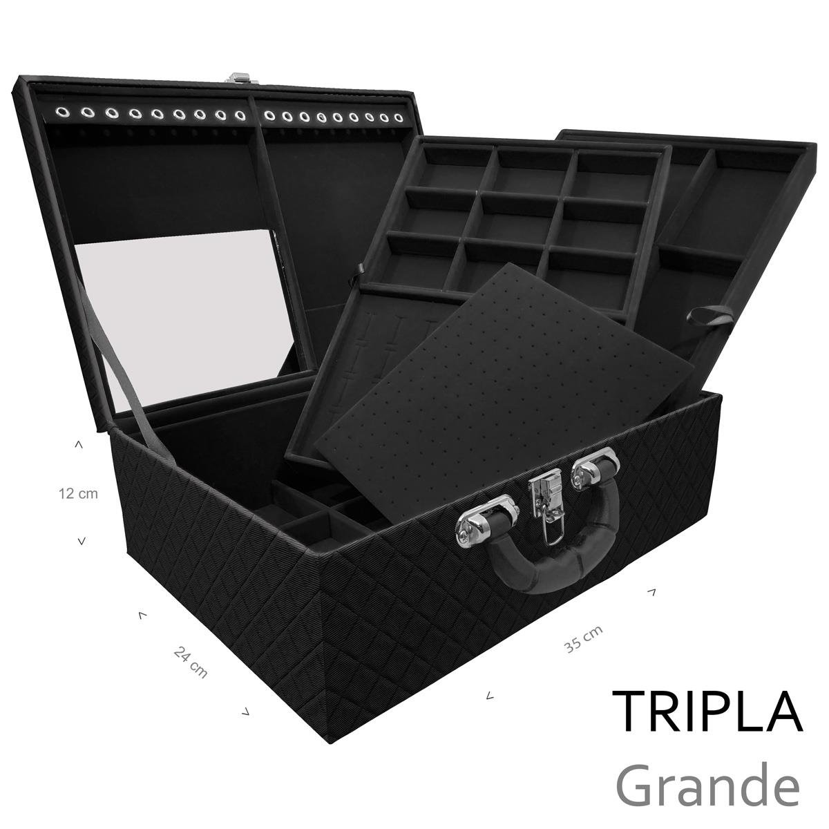 Estojo Maleta Porta Jóias Triplo Grande Dijon Preto Com Alça Preta e Espelho - Sob Encomenda