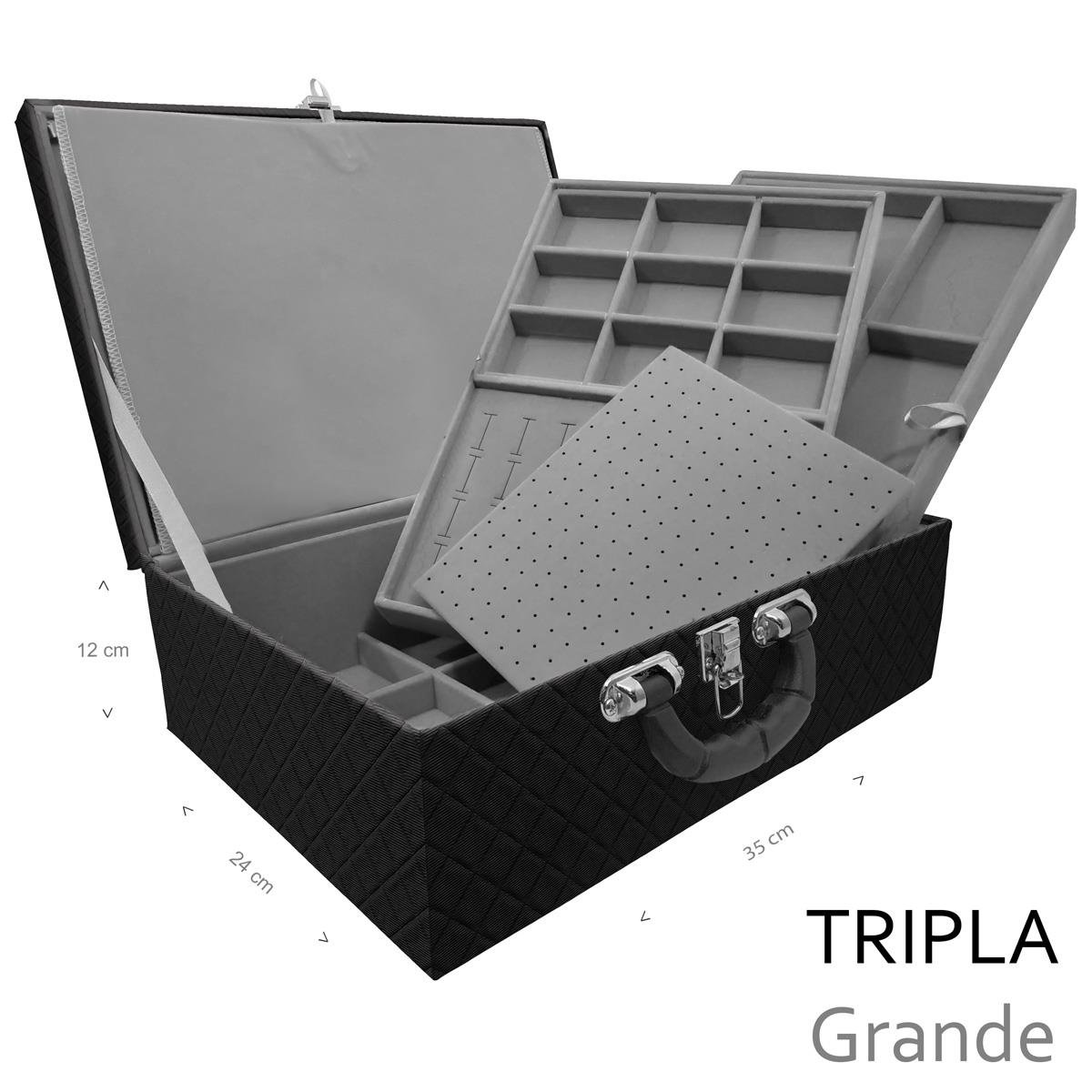 Estojo Maleta Porta Jóias Triplo Grande Dijon Preto Com Alça Preta e Imã - Sob Encomenda