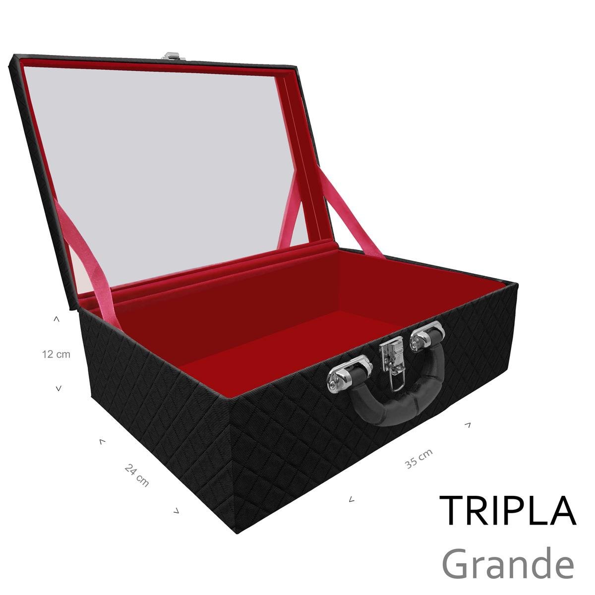 Estojo Maleta Porta Jóias Triplo Grande Dijon Preto Vazia Com Alça Preta e Espelho Grande - Sob Encomenda