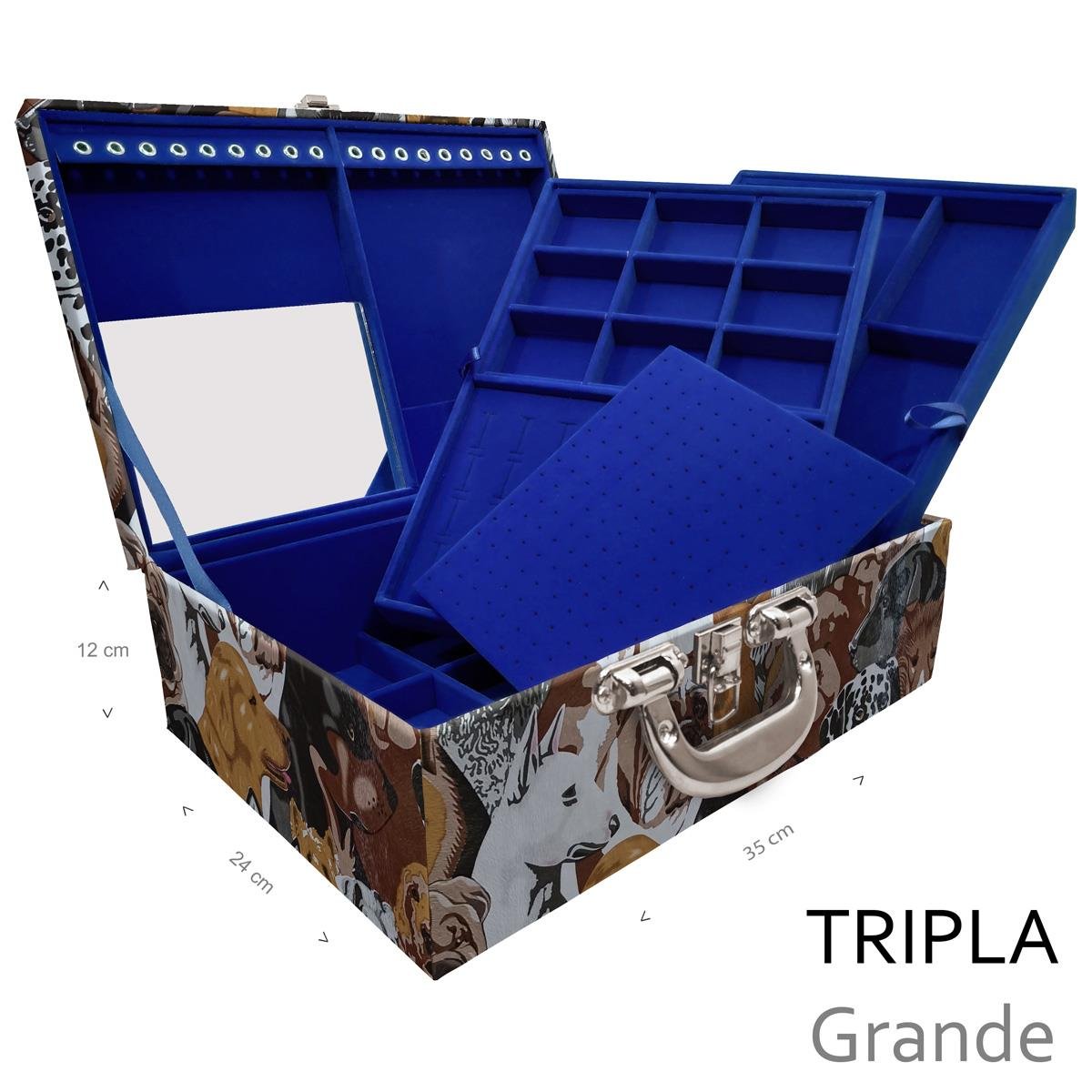 Estojo Maleta Porta Jóias Triplo Grande Dogs Pet Com Alça Cromada e Espelho - Sob Encomenda
