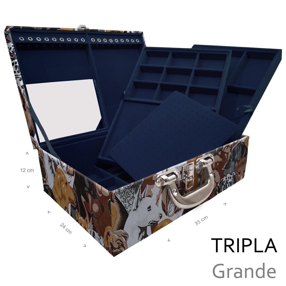 Estojo Maleta Porta Jóias Triplo Grande Dogs Pet Com Alça Cromada e Espelho - Sob Encomenda