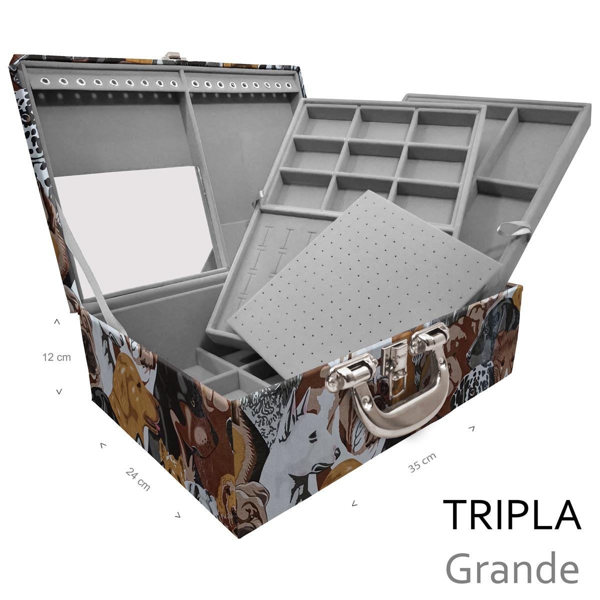 Estojo Maleta Porta Jóias Triplo Grande Dogs Pet Com Alça Cromada e Espelho - Sob Encomenda