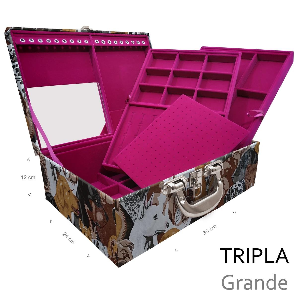 Estojo Maleta Porta Jóias Triplo Grande Dogs Pet Com Alça Cromada e Espelho - Sob Encomenda