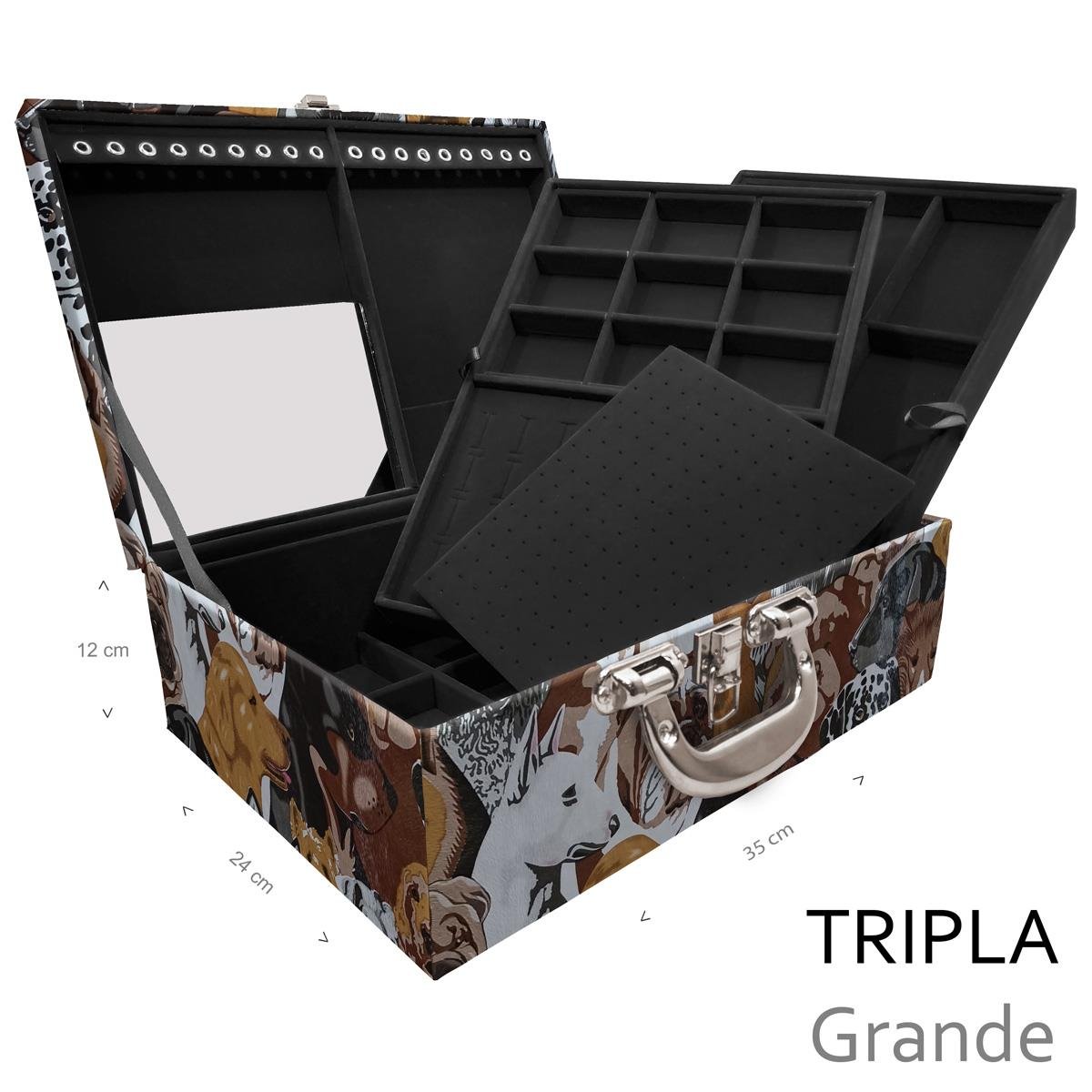 Estojo Maleta Porta Jóias Triplo Grande Dogs Pet Com Alça Cromada e Espelho - Sob Encomenda