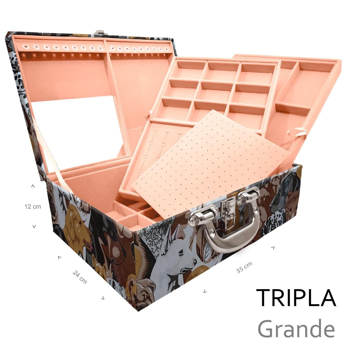 Estojo Maleta Porta Jóias Triplo Grande Dogs Pet Com Alça Cromada e Espelho - Sob Encomenda