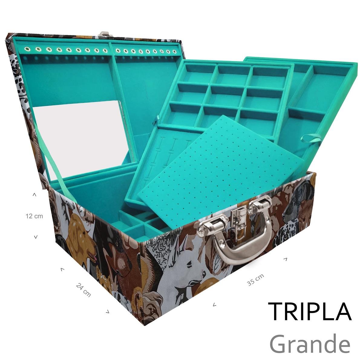 Estojo Maleta Porta Jóias Triplo Grande Dogs Pet Com Alça Cromada e Espelho - Sob Encomenda