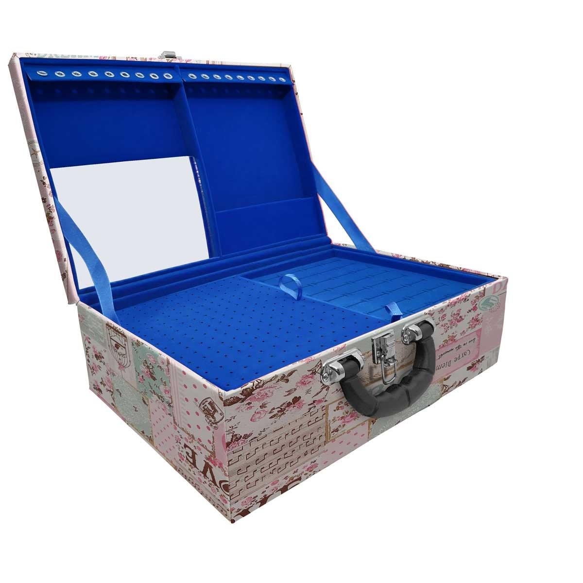 Estojo Maleta Porta Jóias Triplo Grande Happy Day Com Alça Preta e Espelho - Sob Encomenda