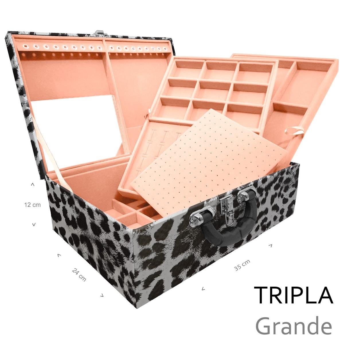 Estojo Maleta Porta Jóias Triplo Grande Hiena Branca Com Alça Preta e Espelho - Sob Encomenda