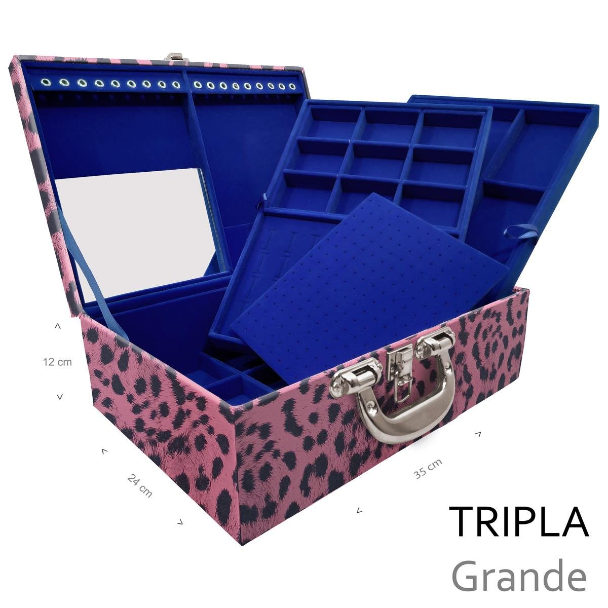 Estojo Maleta Porta Jóias Triplo Grande Hiena Rosa Com Alça Cromada e Espelho - Sob Encomenda