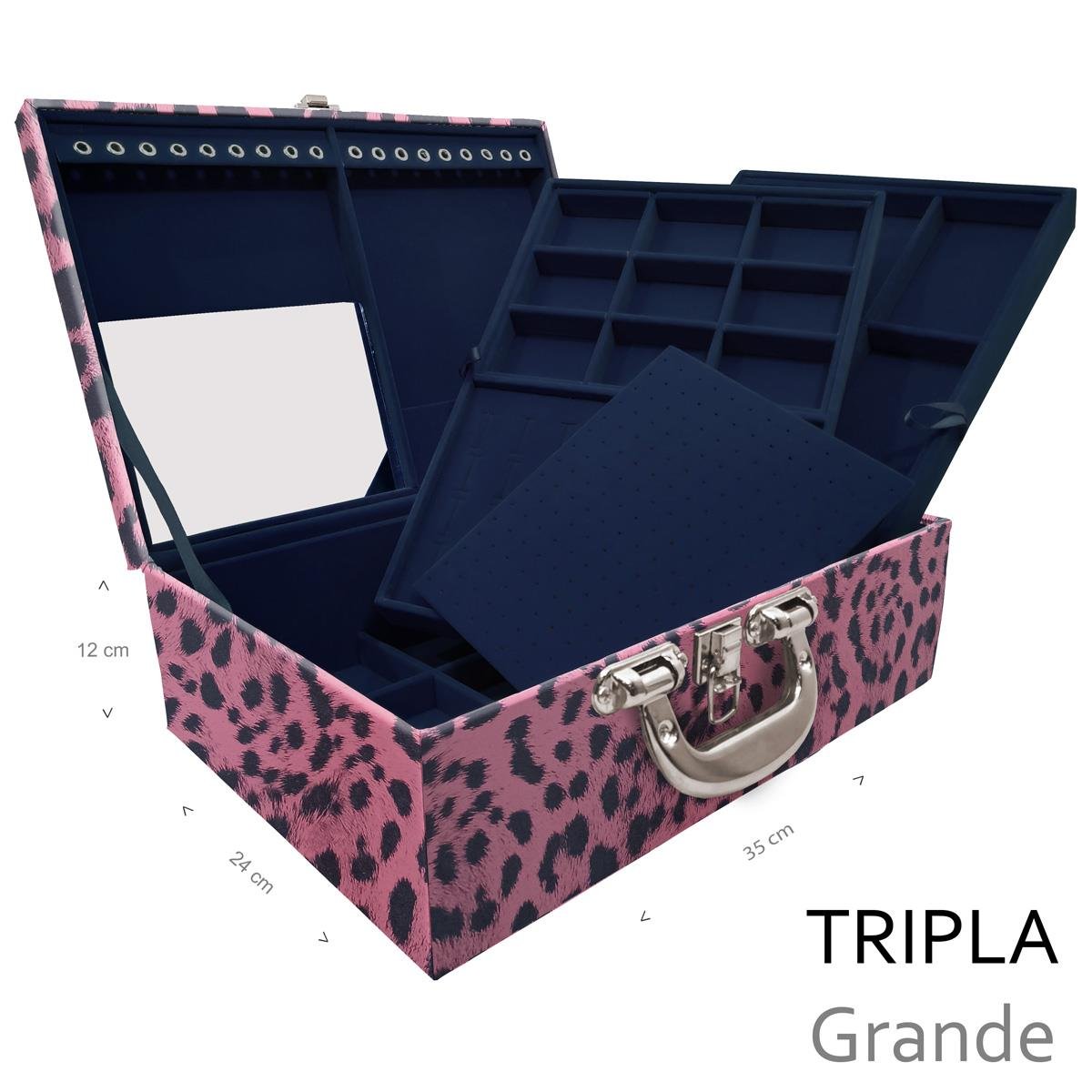 Estojo Maleta Porta Jóias Triplo Grande Hiena Rosa Com Alça Cromada e Espelho - Sob Encomenda