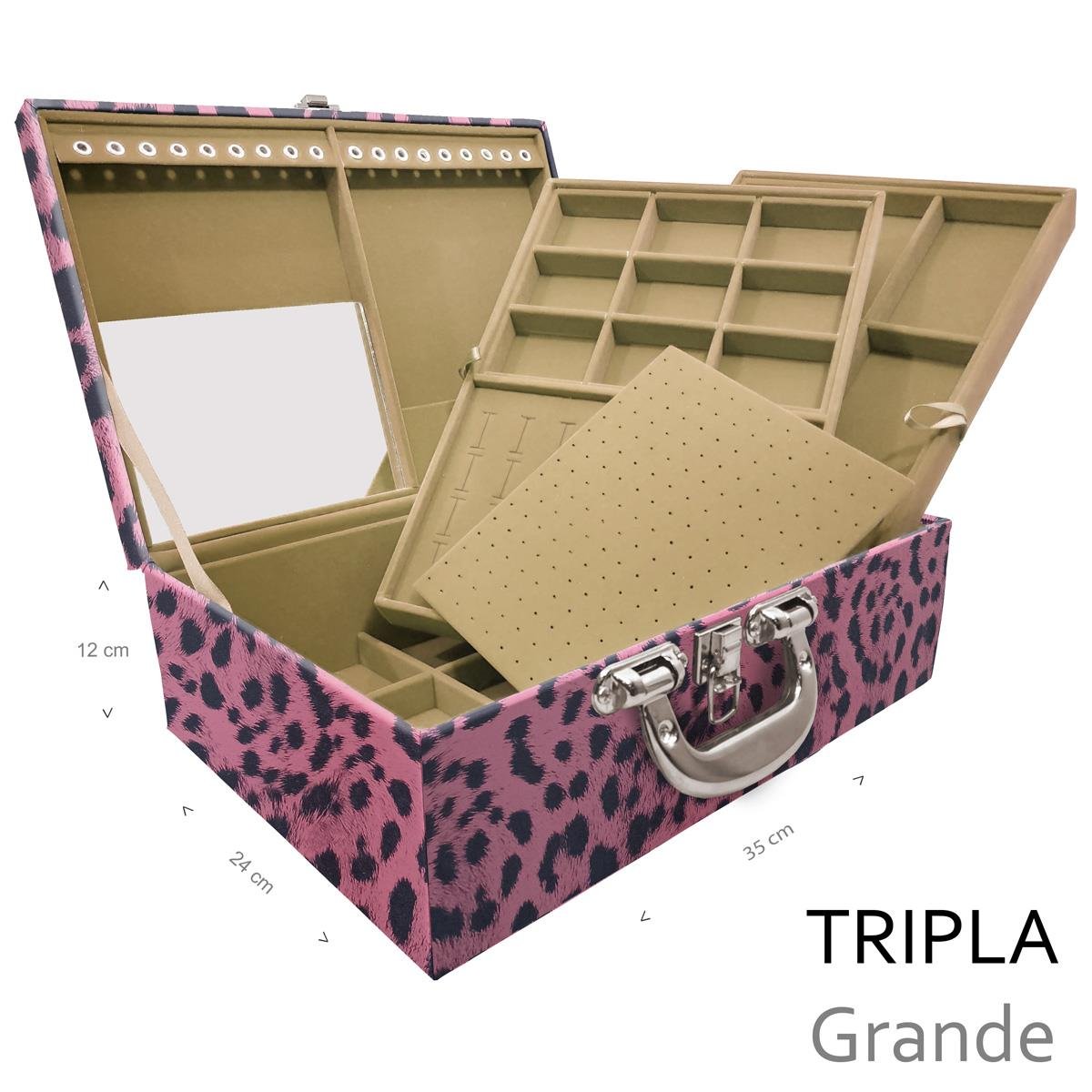 Estojo Maleta Porta Jóias Triplo Grande Hiena Rosa Com Alça Cromada e Espelho - Sob Encomenda