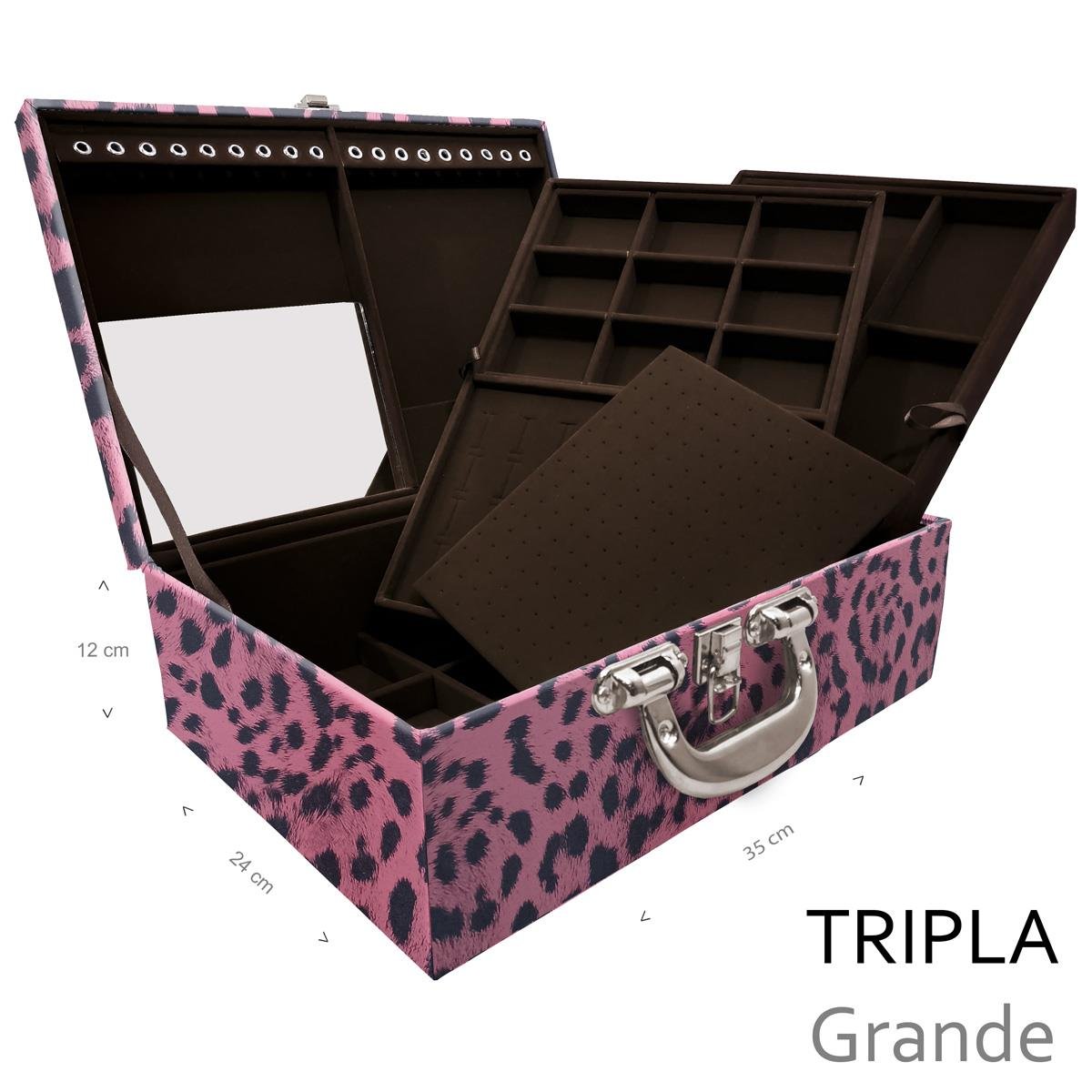 Estojo Maleta Porta Jóias Triplo Grande Hiena Rosa Com Alça Cromada e Espelho - Sob Encomenda
