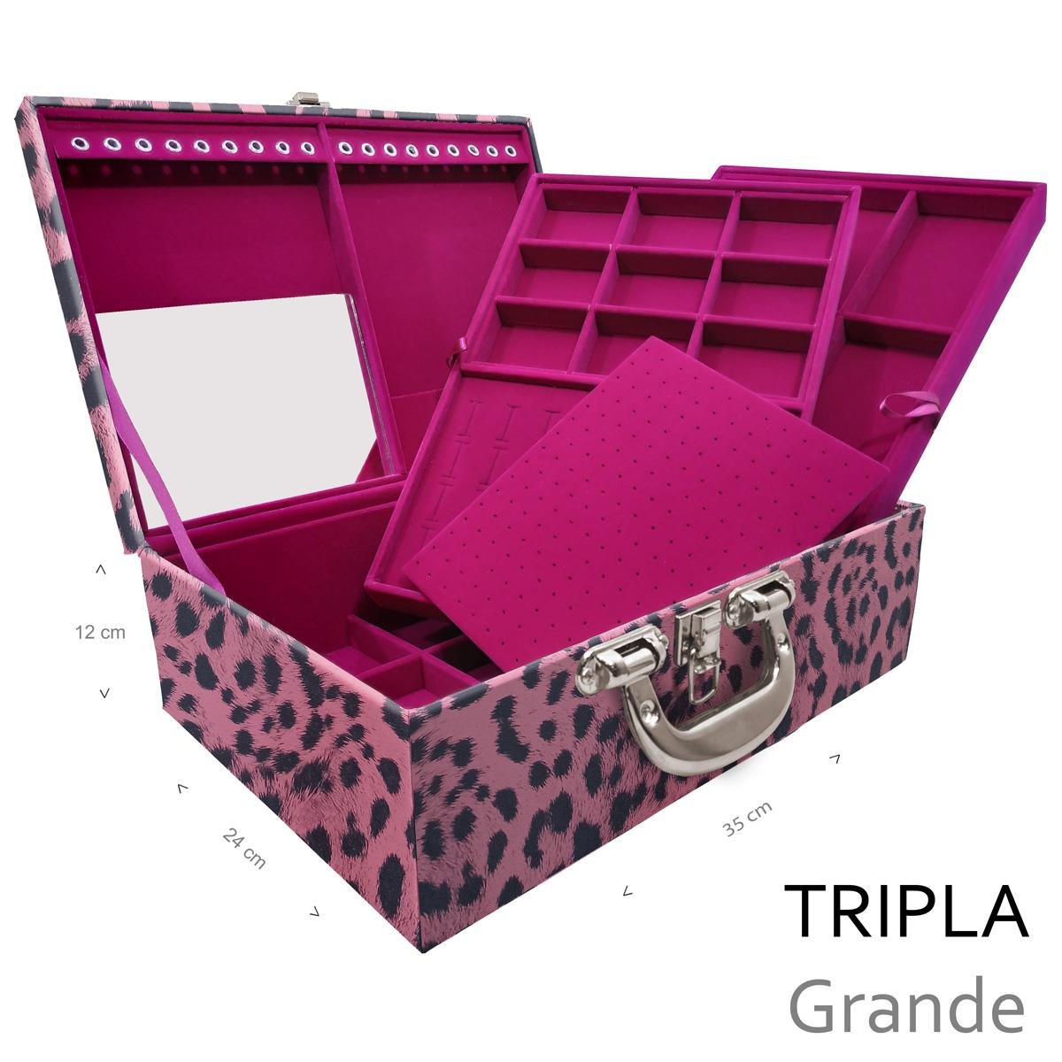 Estojo Maleta Porta Jóias Triplo Grande Hiena Rosa Com Alça Cromada e Espelho - Sob Encomenda