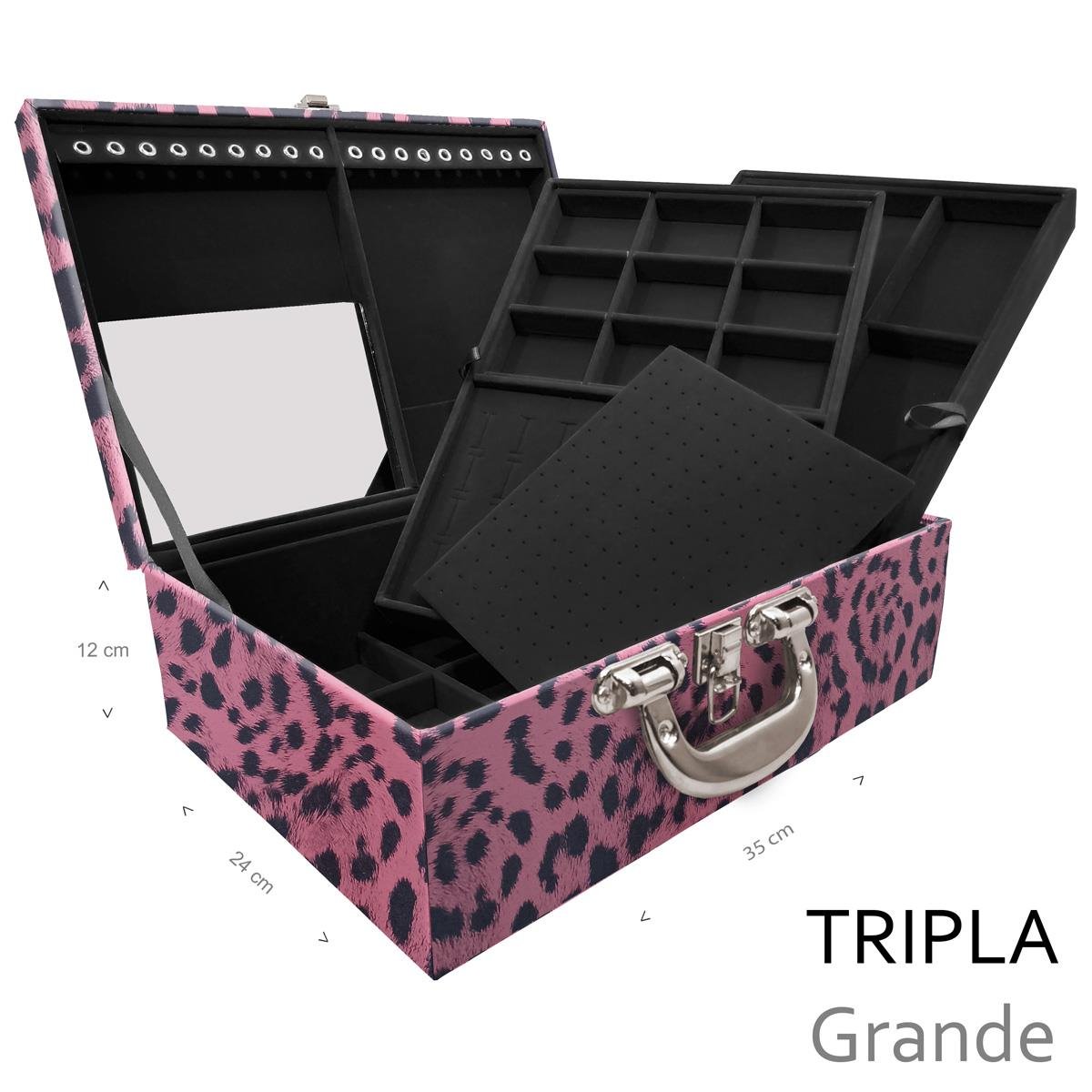 Estojo Maleta Porta Jóias Triplo Grande Hiena Rosa Com Alça Cromada e Espelho - Sob Encomenda