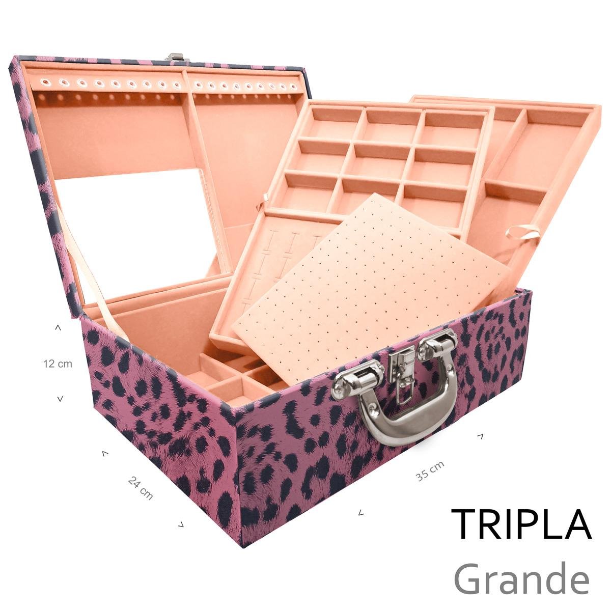 Estojo Maleta Porta Jóias Triplo Grande Hiena Rosa Com Alça Cromada e Espelho - Sob Encomenda