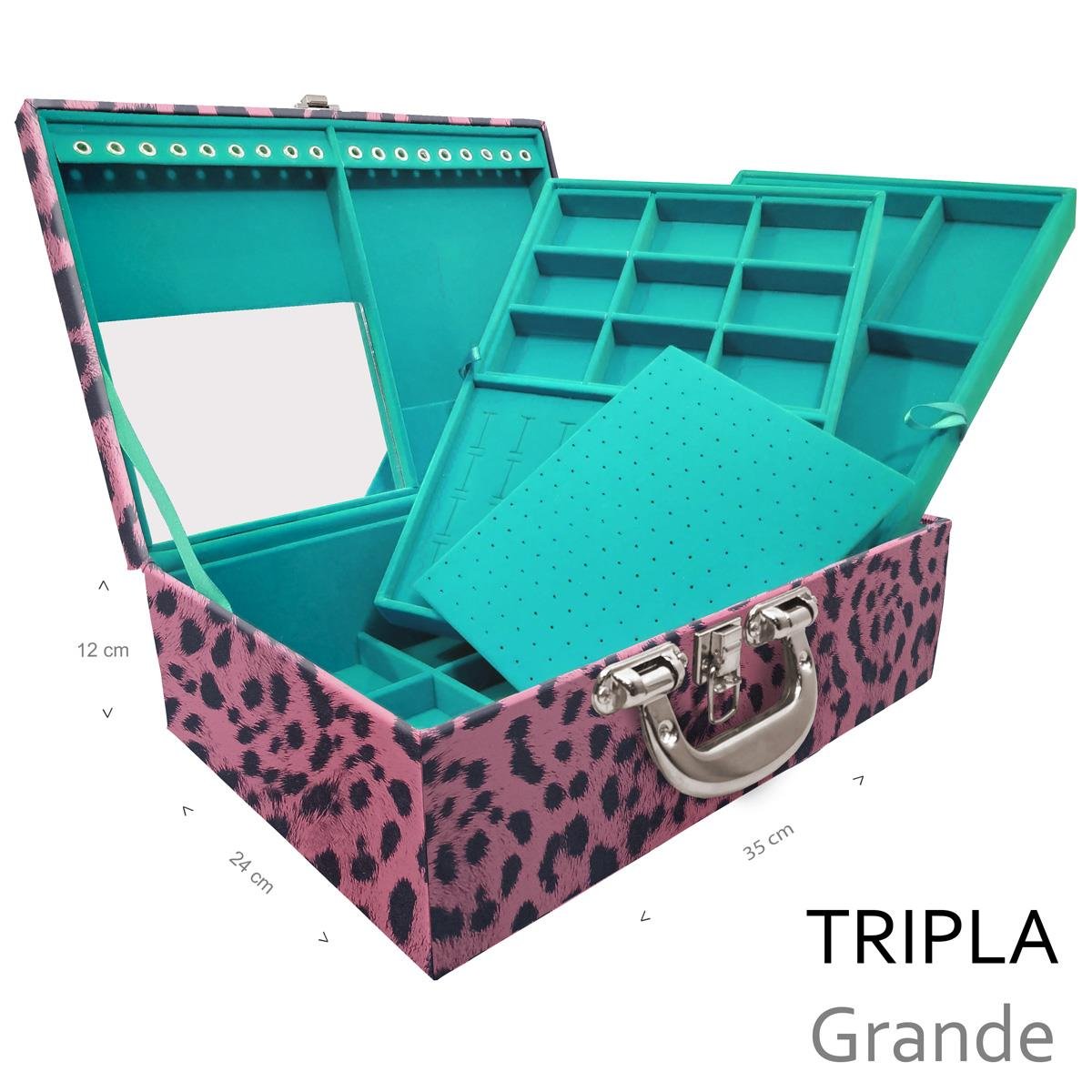 Estojo Maleta Porta Jóias Triplo Grande Hiena Rosa Com Alça Cromada e Espelho - Sob Encomenda