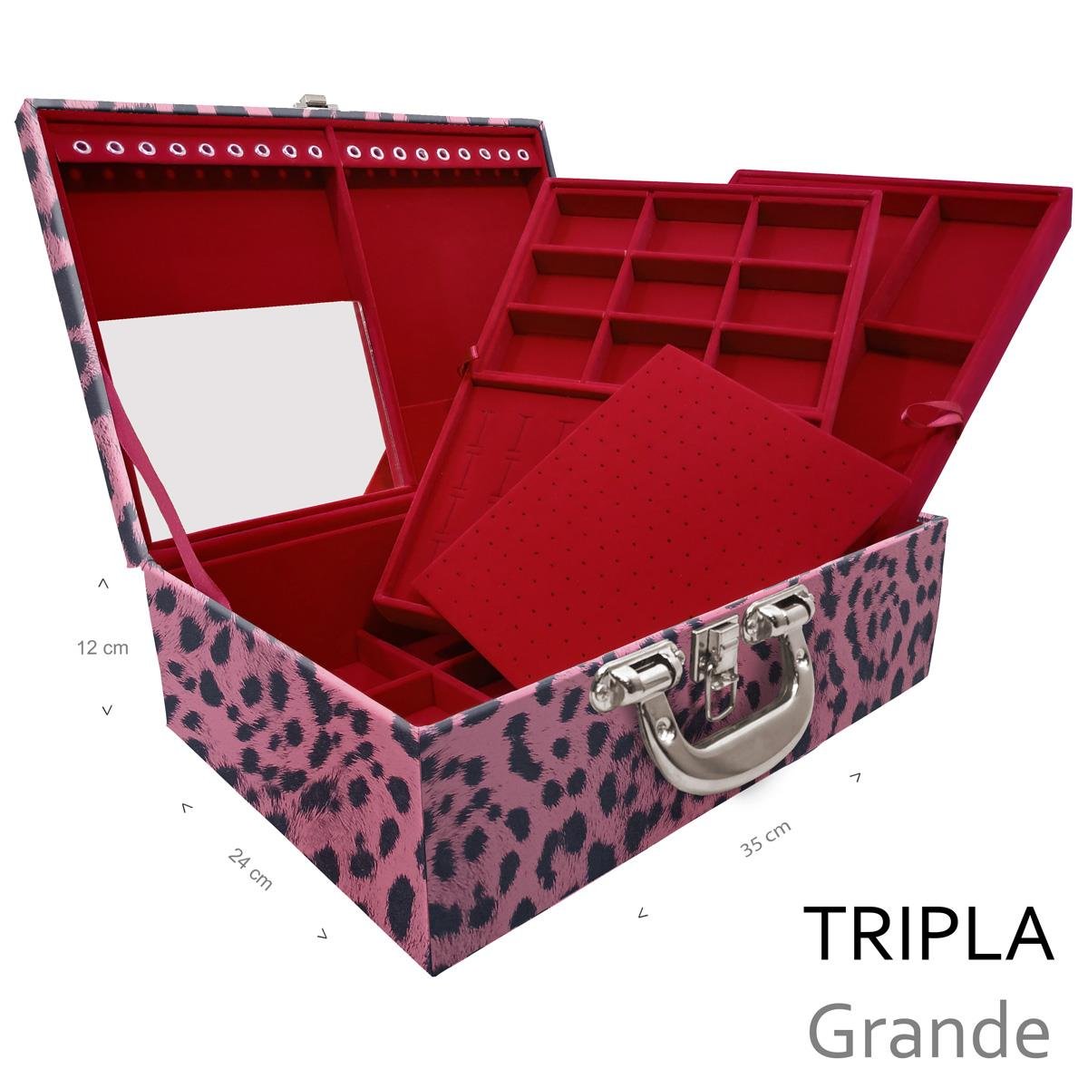 Estojo Maleta Porta Jóias Triplo Grande Hiena Rosa Com Alça Cromada e Espelho - Sob Encomenda