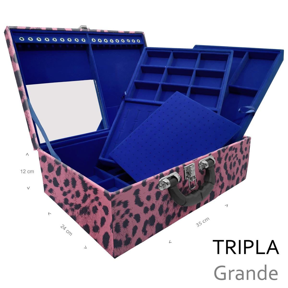 Estojo Maleta Porta Jóias Triplo Grande Hiena Rosa Com Alça Preta e Espelho - Sob Encomenda