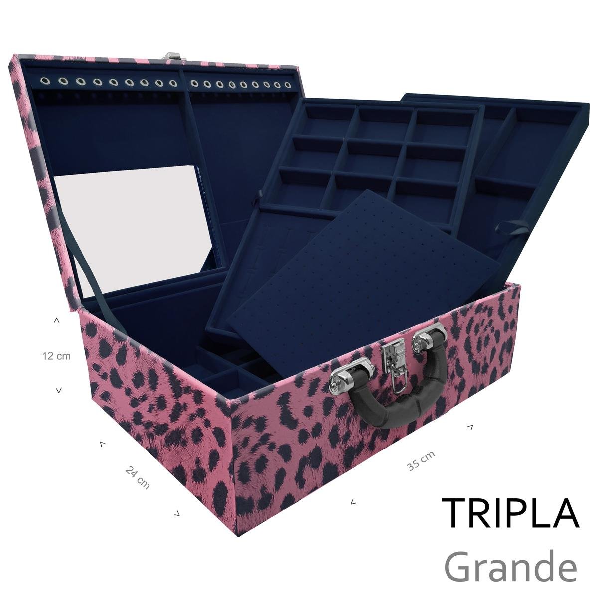 Estojo Maleta Porta Jóias Triplo Grande Hiena Rosa Com Alça Preta e Espelho - Sob Encomenda