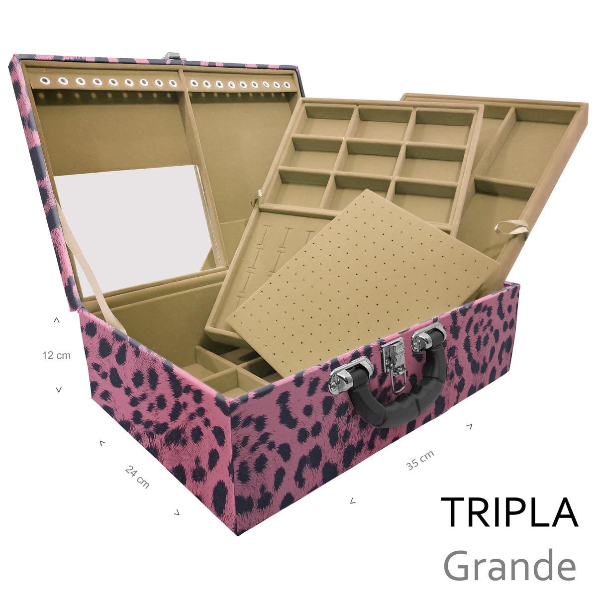 Estojo Maleta Porta Jóias Triplo Grande Hiena Rosa Com Alça Preta e Espelho - Sob Encomenda