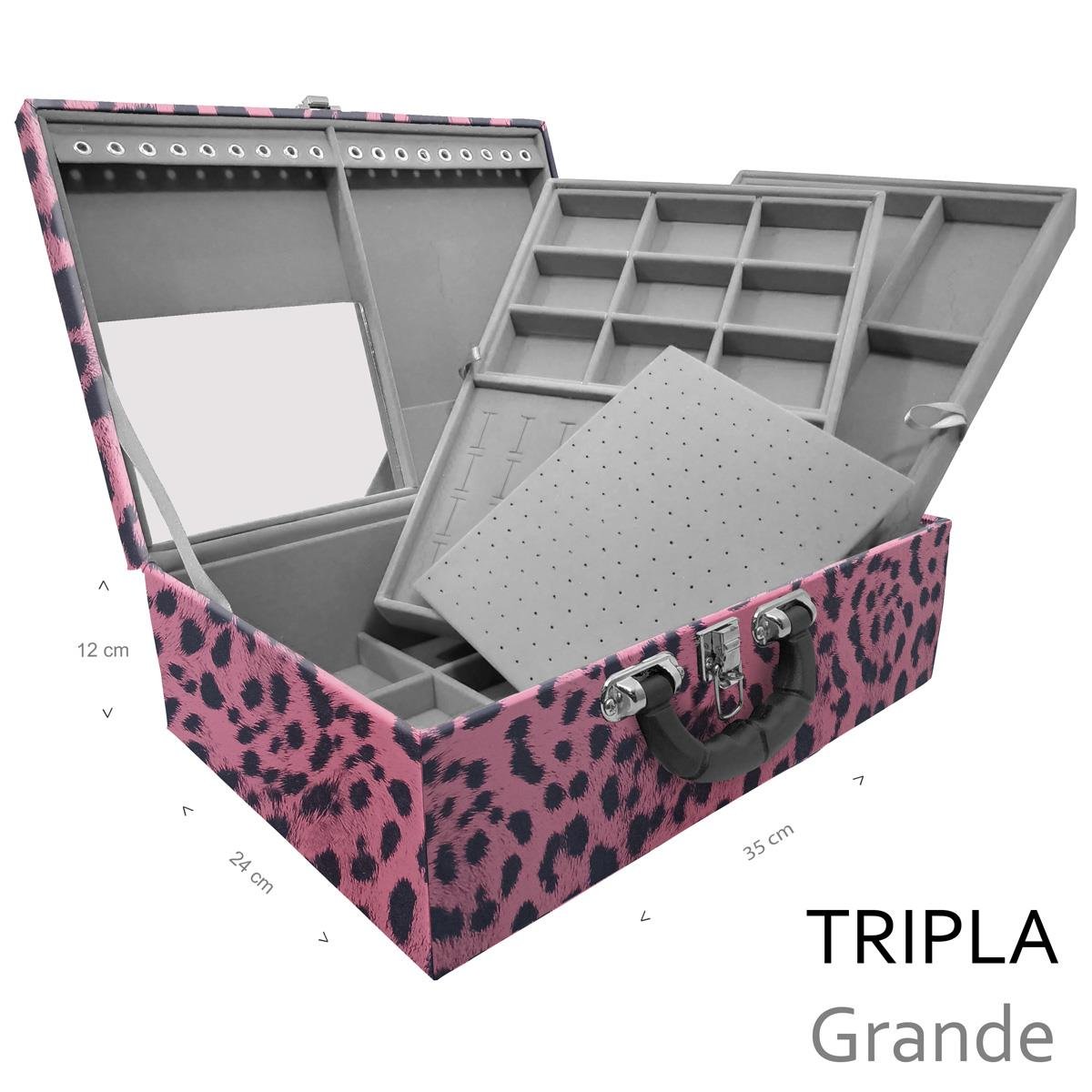 Estojo Maleta Porta Jóias Triplo Grande Hiena Rosa Com Alça Preta e Espelho - Sob Encomenda