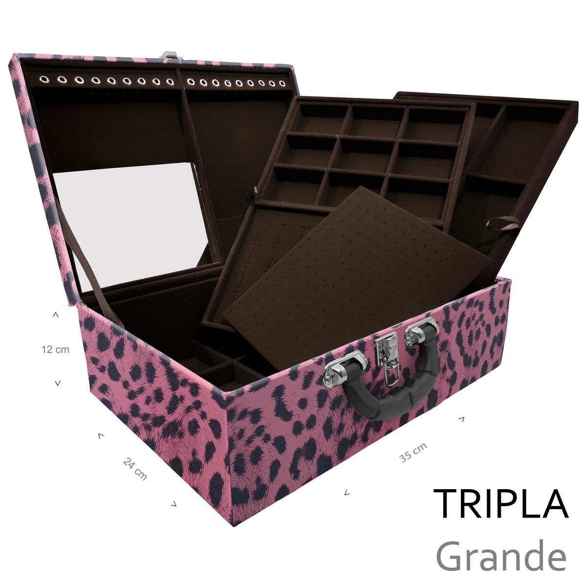 Estojo Maleta Porta Jóias Triplo Grande Hiena Rosa Com Alça Preta e Espelho - Sob Encomenda
