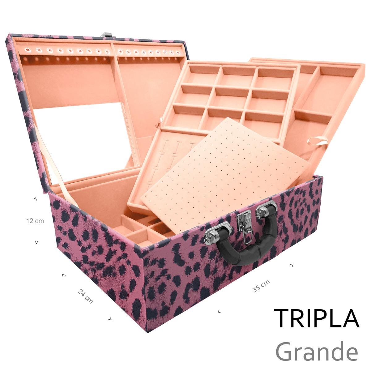 Estojo Maleta Porta Jóias Triplo Grande Hiena Rosa Com Alça Preta e Espelho - Sob Encomenda