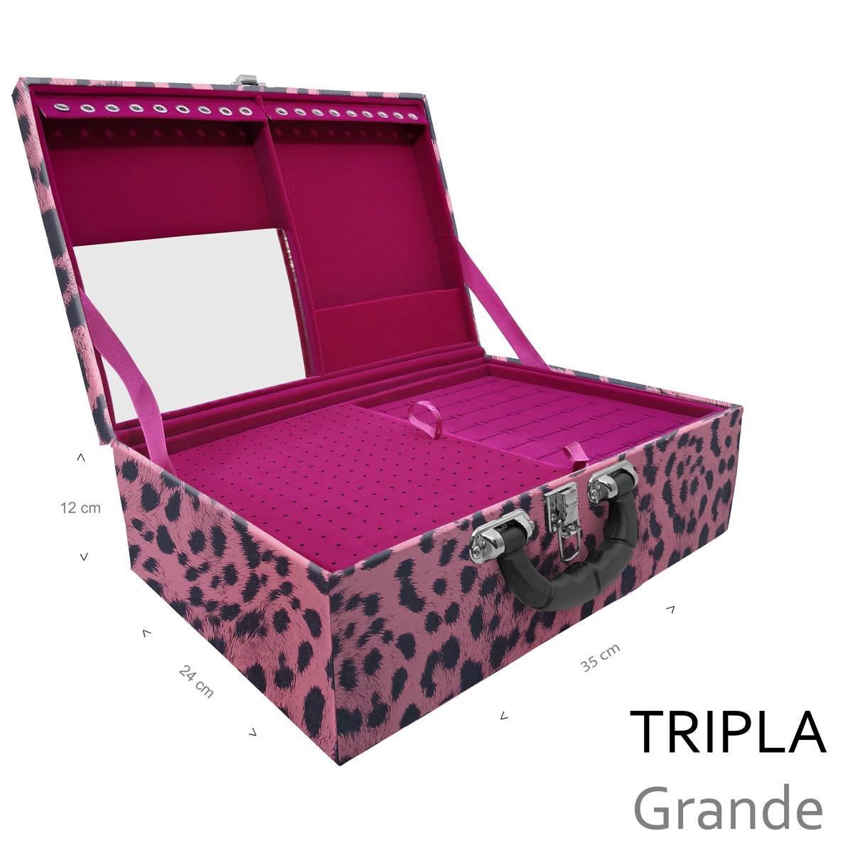Estojo Maleta Porta Jóias Triplo Grande Hiena Rosa Com Alça Preta e Espelho - Sob Encomenda