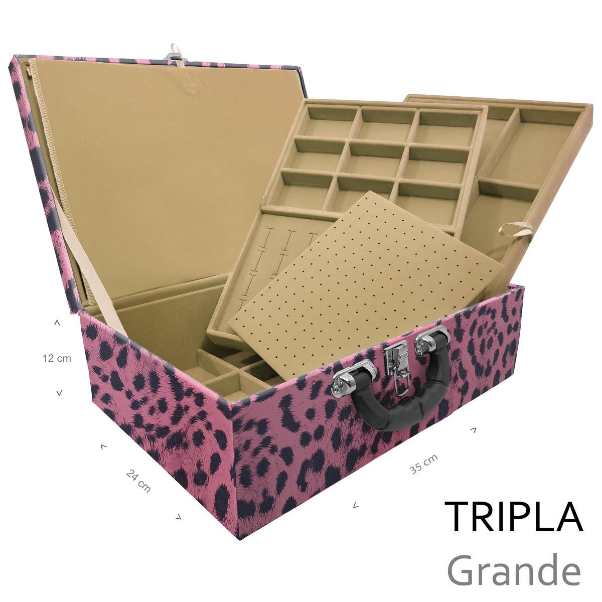 Estojo Maleta Porta Jóias Triplo Grande Hiena Rosa Com Alça Preta e Imã - Sob Encomenda