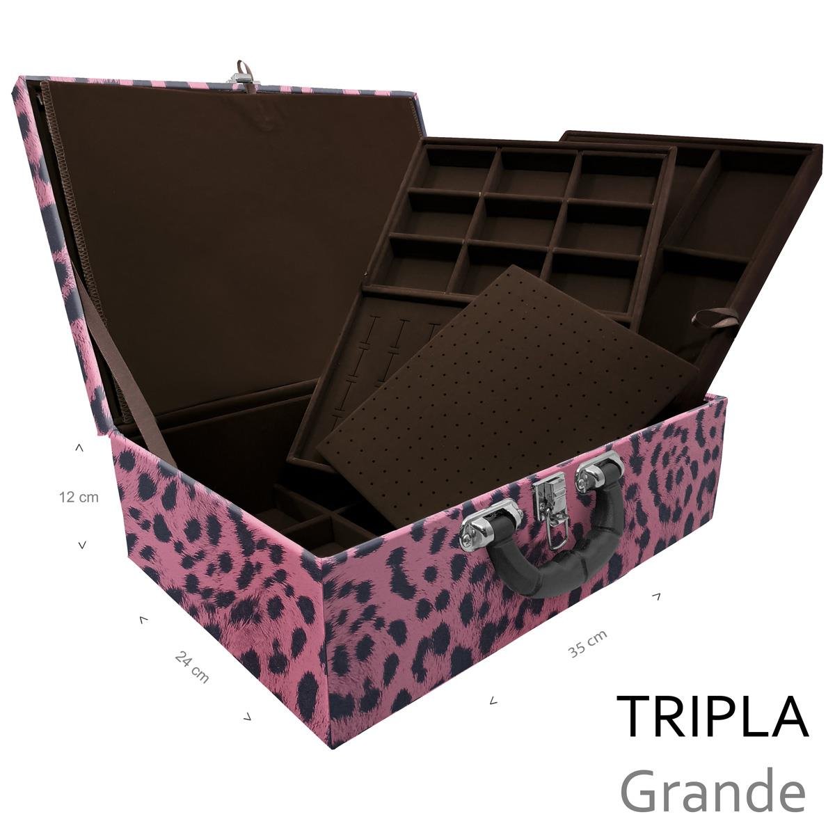 Estojo Maleta Porta Jóias Triplo Grande Hiena Rosa Com Alça Preta e Imã - Sob Encomenda