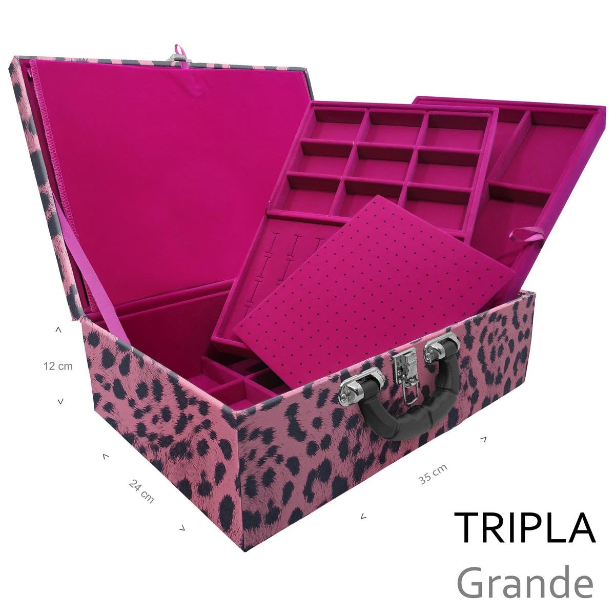Estojo Maleta Porta Jóias Triplo Grande Hiena Rosa Com Alça Preta e Imã - Sob Encomenda