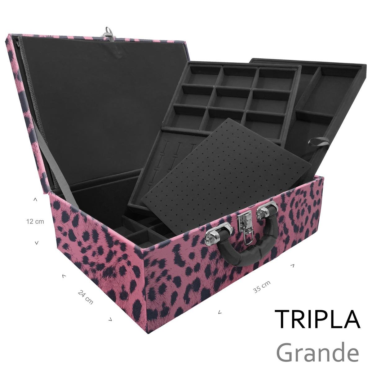 Estojo Maleta Porta Jóias Triplo Grande Hiena Rosa Com Alça Preta e Imã - Sob Encomenda