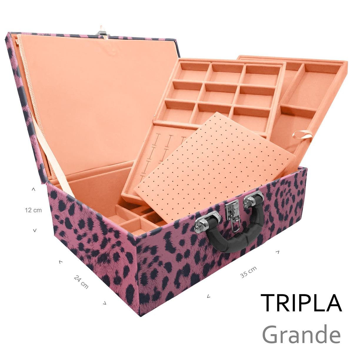 Estojo Maleta Porta Jóias Triplo Grande Hiena Rosa Com Alça Preta e Imã - Sob Encomenda