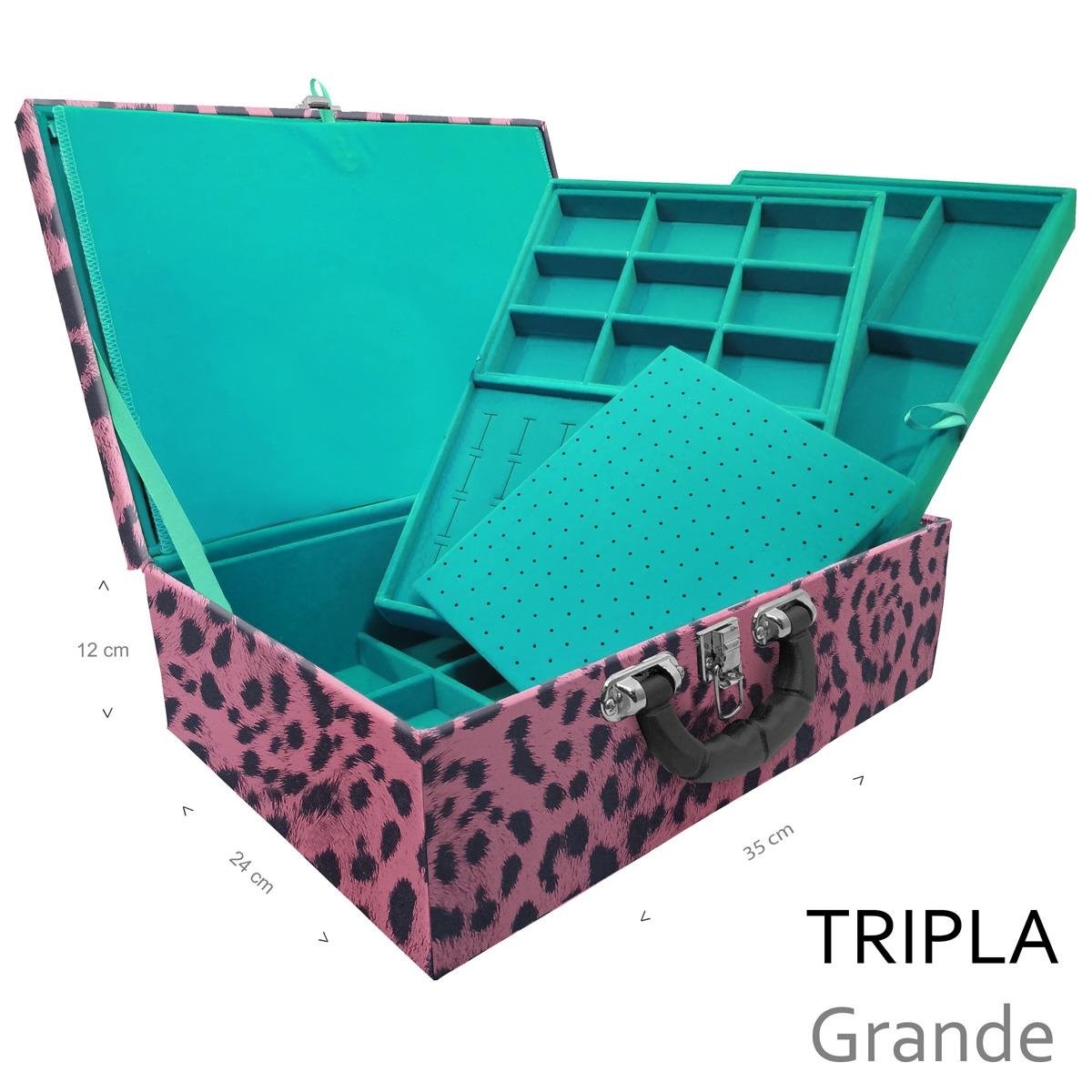 Estojo Maleta Porta Jóias Triplo Grande Hiena Rosa Com Alça Preta e Imã - Sob Encomenda