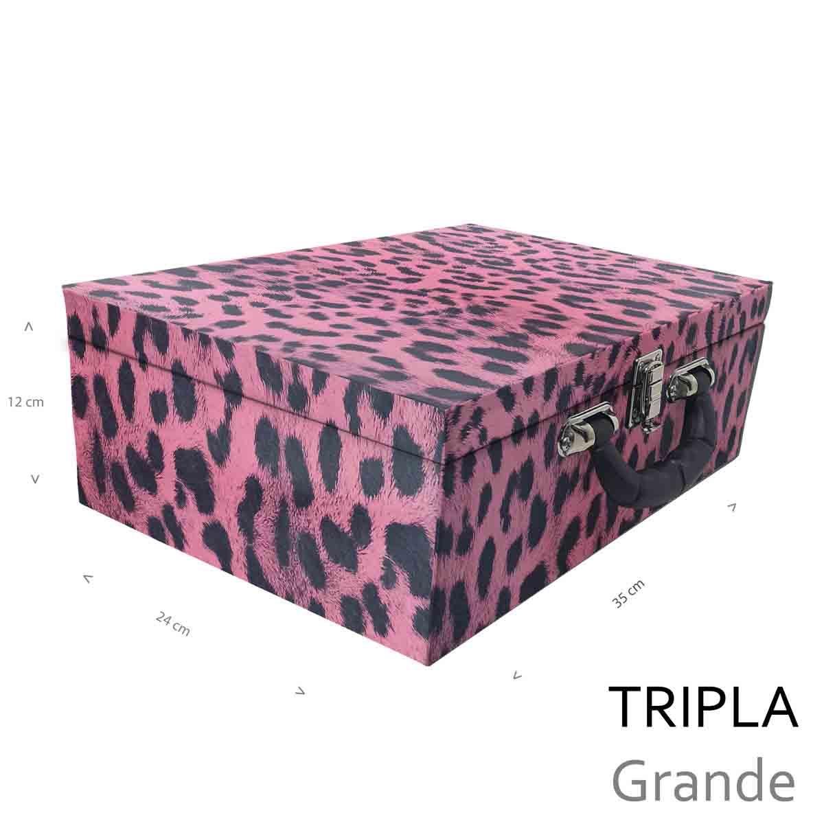 Estojo Maleta Porta Jóias Triplo Grande Hiena Rosa Com Alça Preta e Imã - Sob Encomenda