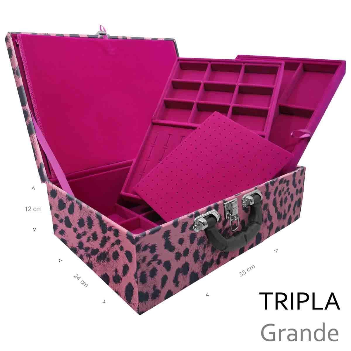 Estojo Maleta Porta Jóias Triplo Grande Hiena Rosa Com Alça Preta e Imã - Sob Encomenda