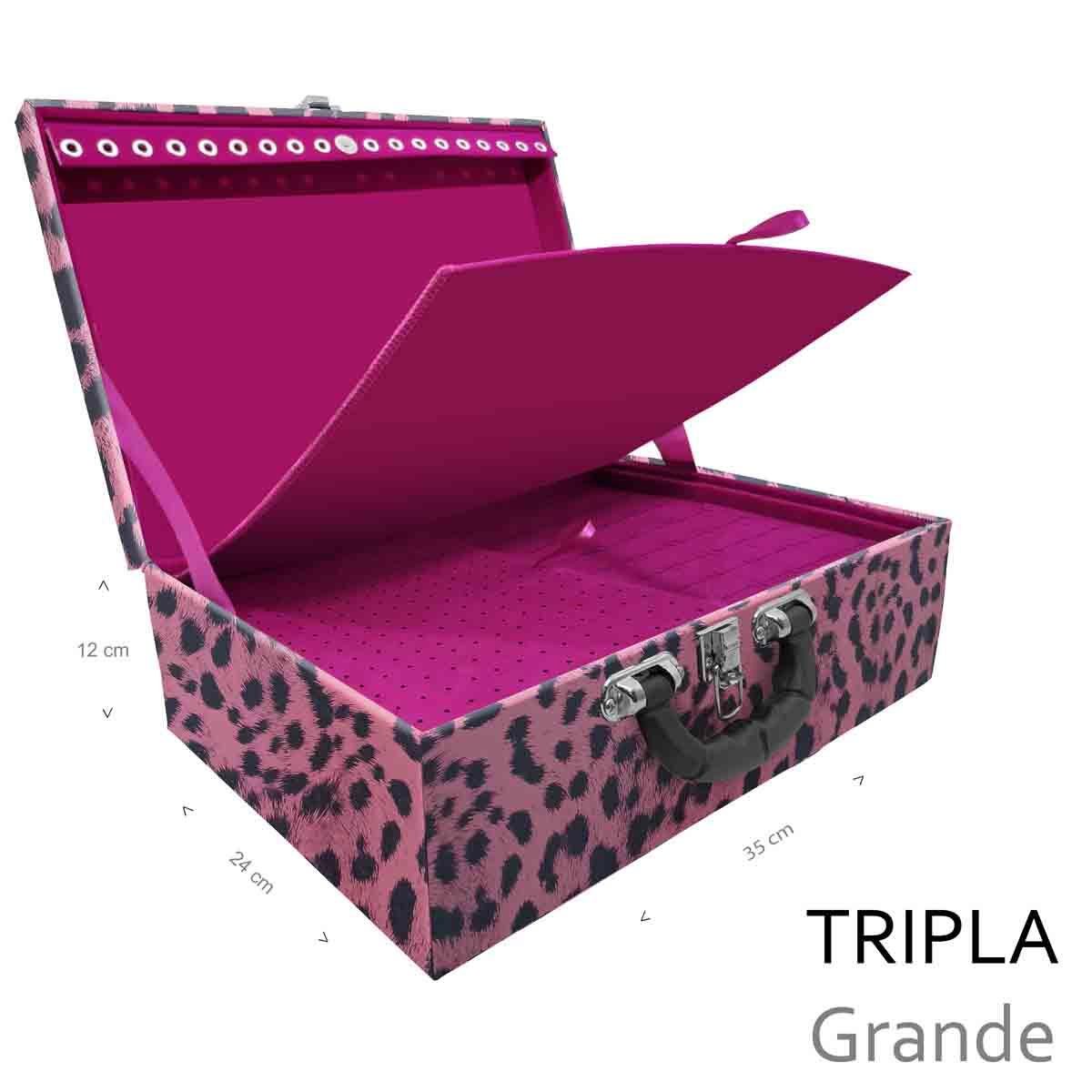 Estojo Maleta Porta Jóias Triplo Grande Hiena Rosa Com Alça Preta e Imã - Sob Encomenda