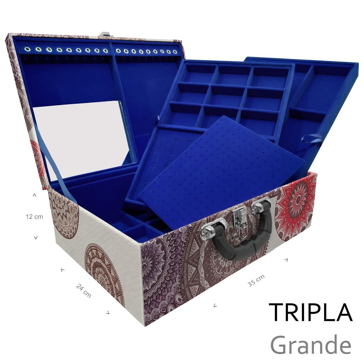 Estojo Maleta Porta Jóias Triplo Grande Mandala Bege Com Alça Preta e Espelho - Sob Encomenda