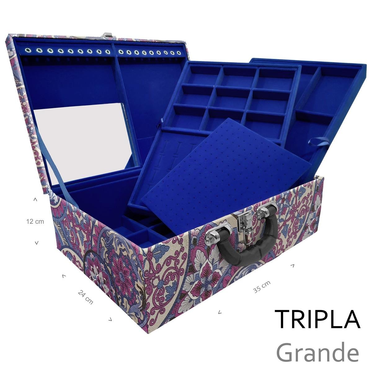 Estojo Maleta Porta Jóias Triplo Grande Mandala Roxa Com Alça Preta e Espelho - Sob Encomenda