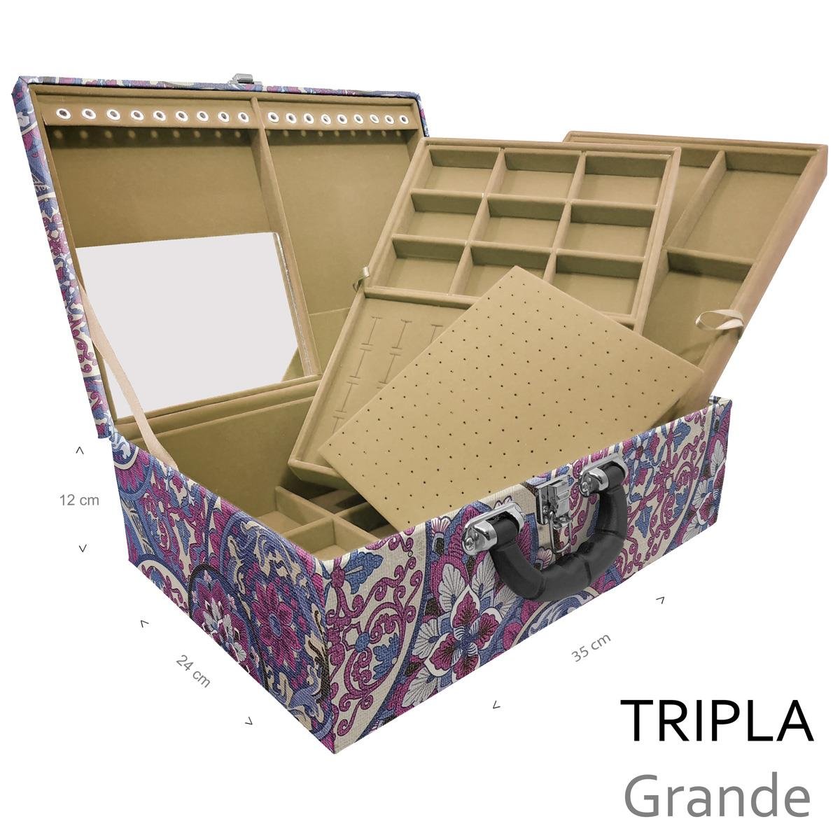 Estojo Maleta Porta Jóias Triplo Grande Mandala Roxa Com Alça Preta e Espelho - Sob Encomenda